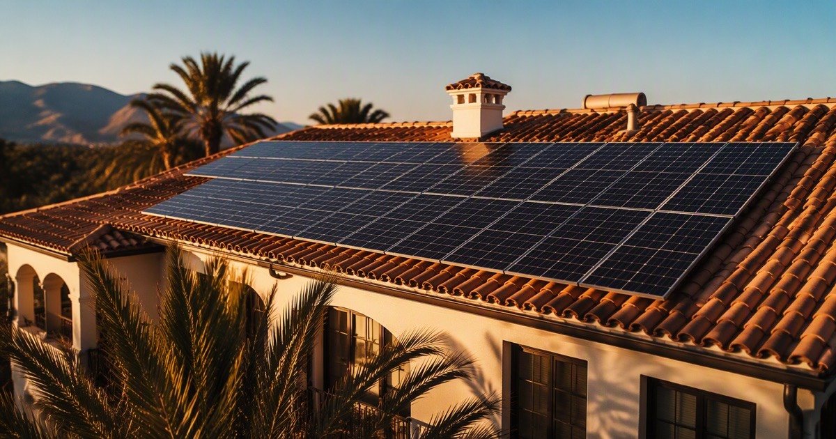Placas solares instaladas sobre el tejado de teja de una vivienda